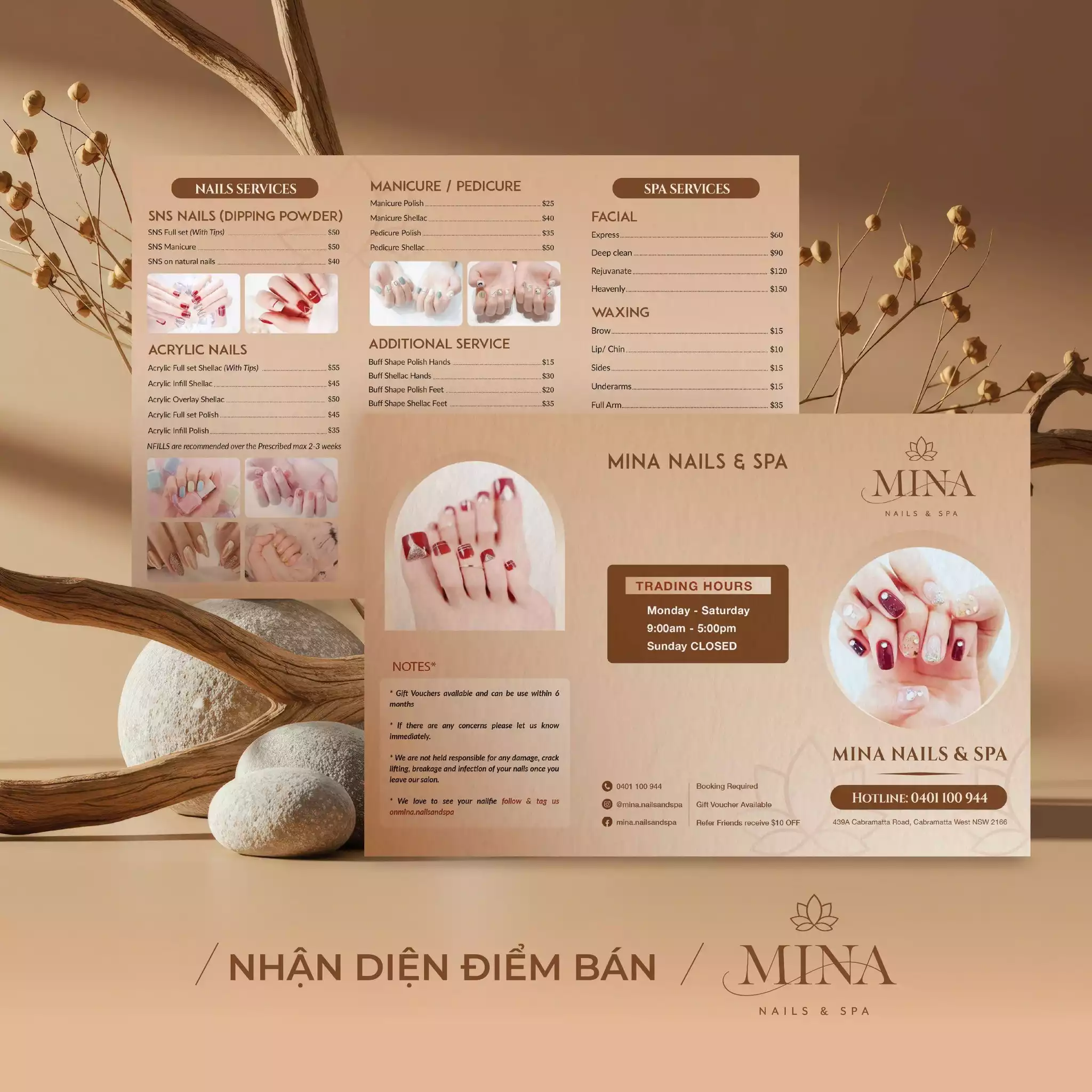 THIẾT KẾ NHẬN DIỆN ĐIỂM BÁN DỰ ÁN MINA NAILS & SPA